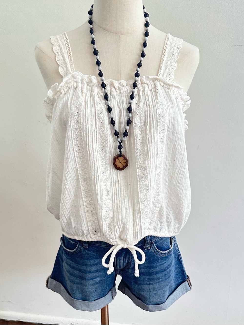Free People White Lace Trim Boho Peasant Tank Romantic Cottagecore Top L